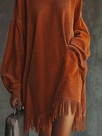 Orange Corduroy Loose Tassel Hem High Collar Dress