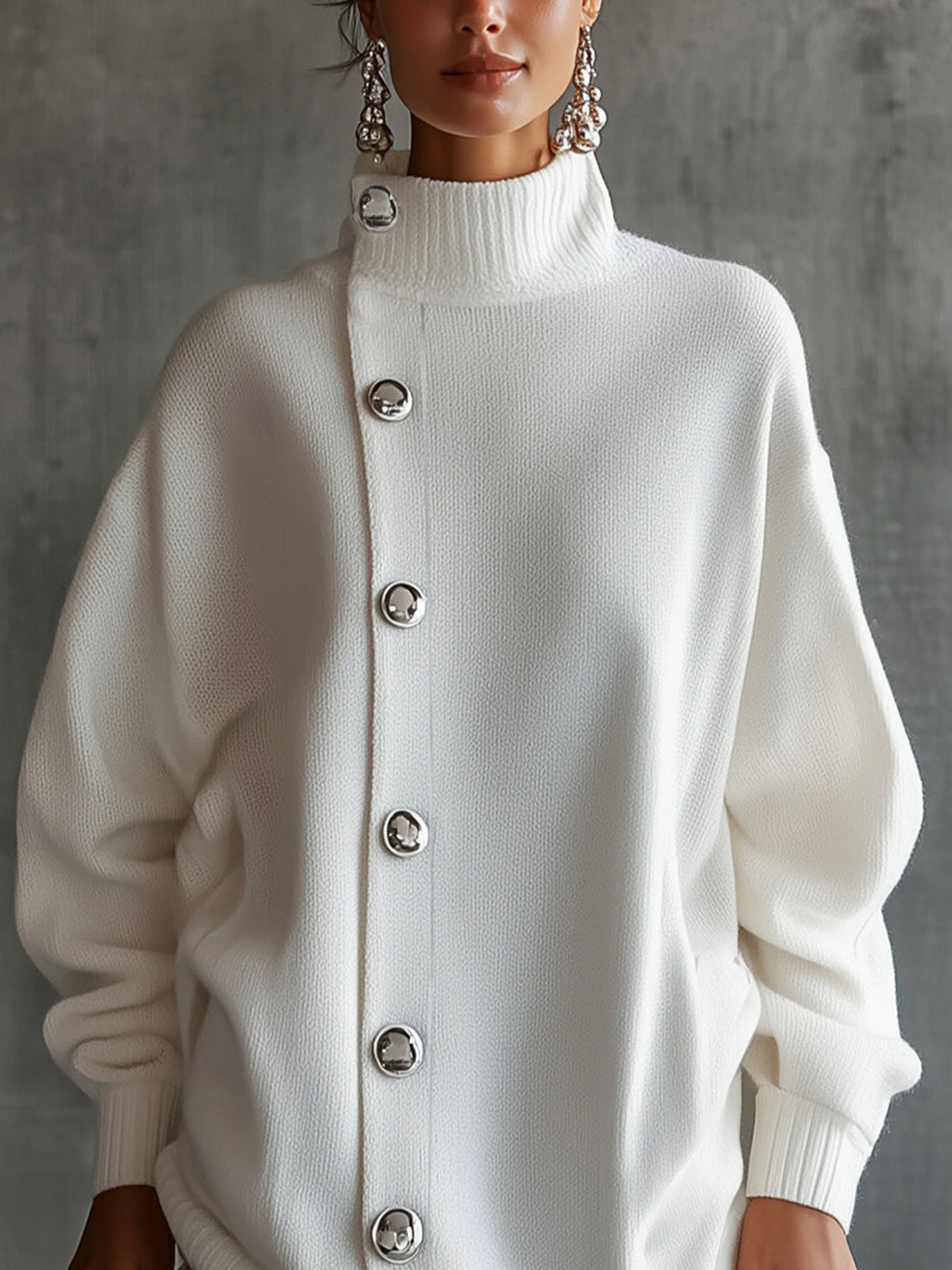 White Oversized Buttoned Roll Neck Jumper Dress