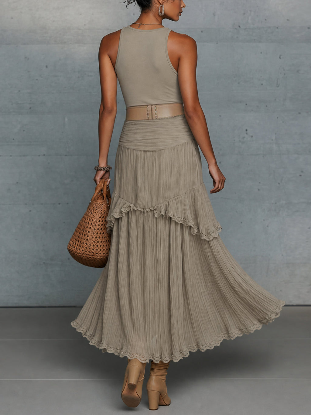 Oatmeal Comfortable Sleeveless Chiffon Maxi Dress Accessories Not Included