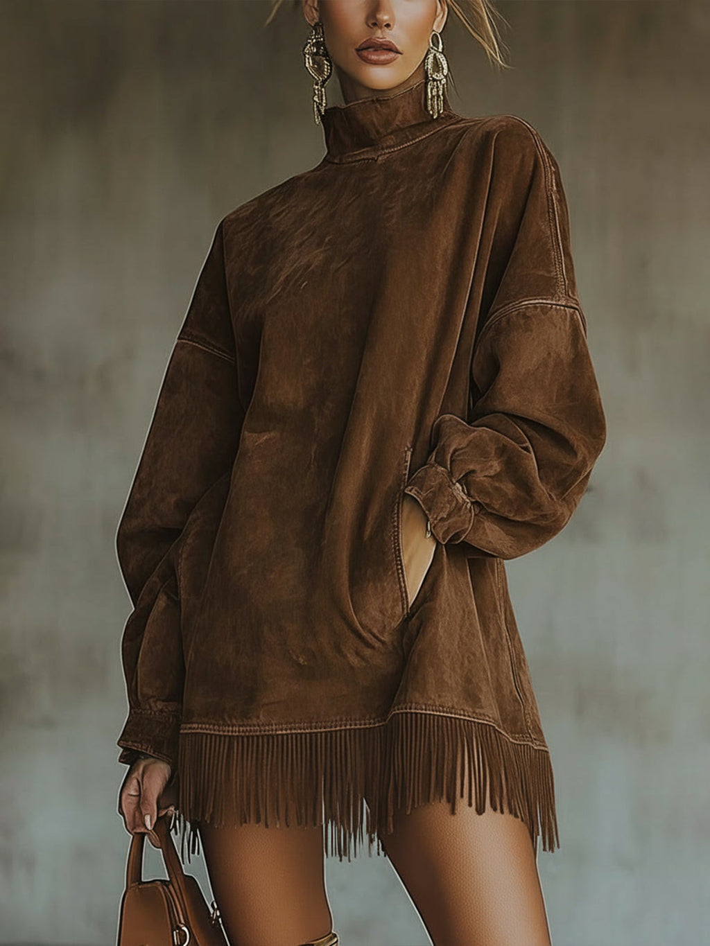 Brown Faux Suede Roll Neck Oversized Dress with Fringe Detail