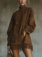 Brown Faux Suede Roll Neck Oversized Dress with Fringe Detail