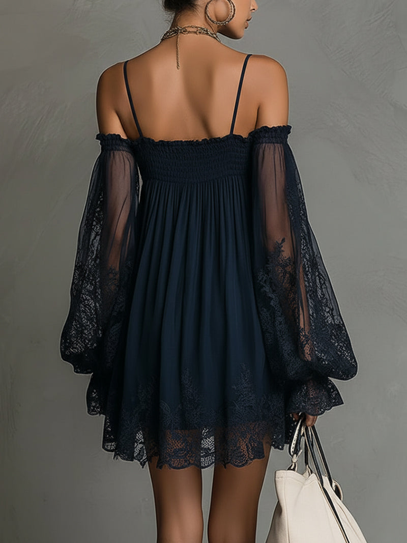 Navy Off-Shoulder Lace Trim Chiffon Mini Dress with Sheer Sleeves