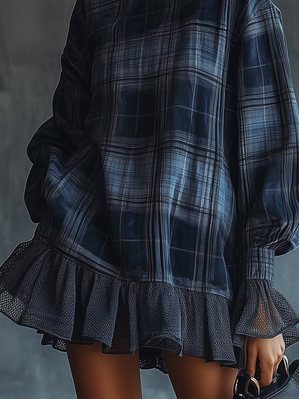 Midnight Check Ruffle Hem Roll Neck Dress