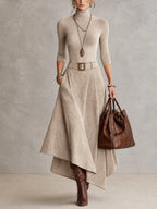 Taupe Stretch Roll Neck Top and Asymmetrical Suede Skirt Set