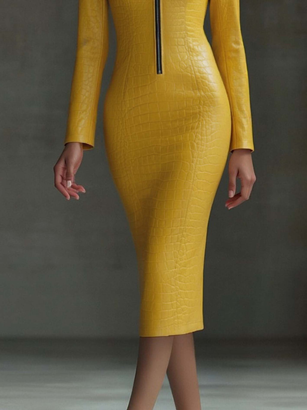 Stylish Yellow Textured Faux Leather Midi Bodycon Dress with Zip