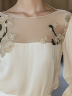 Beige Stitching Shirt with Elegant Floral Embroidery