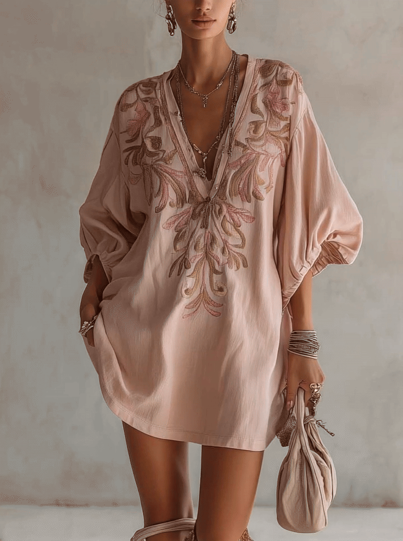 Pink Cotton Linen Mini Dress with Vintage Floral Embroidery