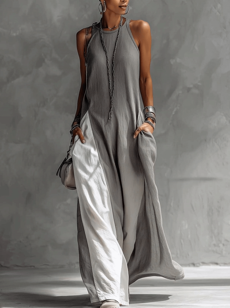 Colour-block Grey Sleeveless Cotton Linen Maxi Dress