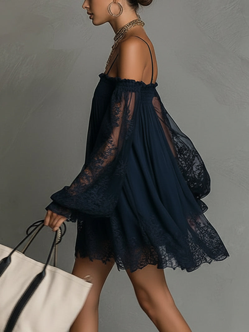 Navy Off-Shoulder Lace Trim Chiffon Mini Dress with Sheer Sleeves
