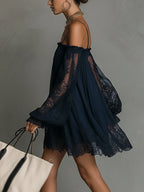 Navy Off-Shoulder Lace Trim Chiffon Mini Dress with Sheer Sleeves