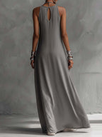 Colour-block Grey Sleeveless Cotton Linen Maxi Dress