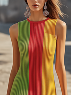 Colourful Block Stitching Sleeveless Midi Knit Dress