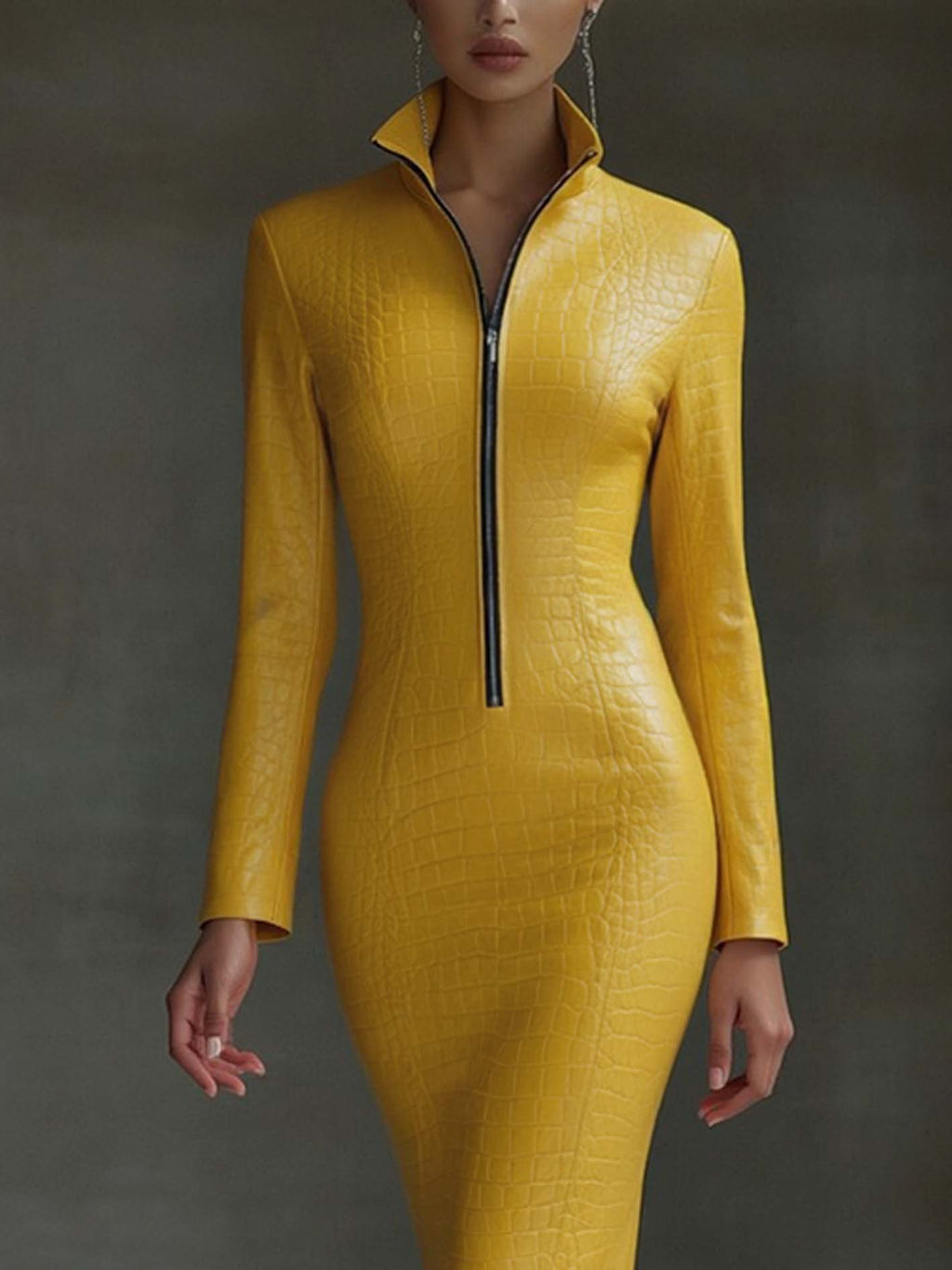 Stylish Yellow Textured Faux Leather Midi Bodycon Dress with Zip