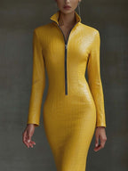 Stylish Yellow Textured Faux Leather Midi Bodycon Dress with Zip
