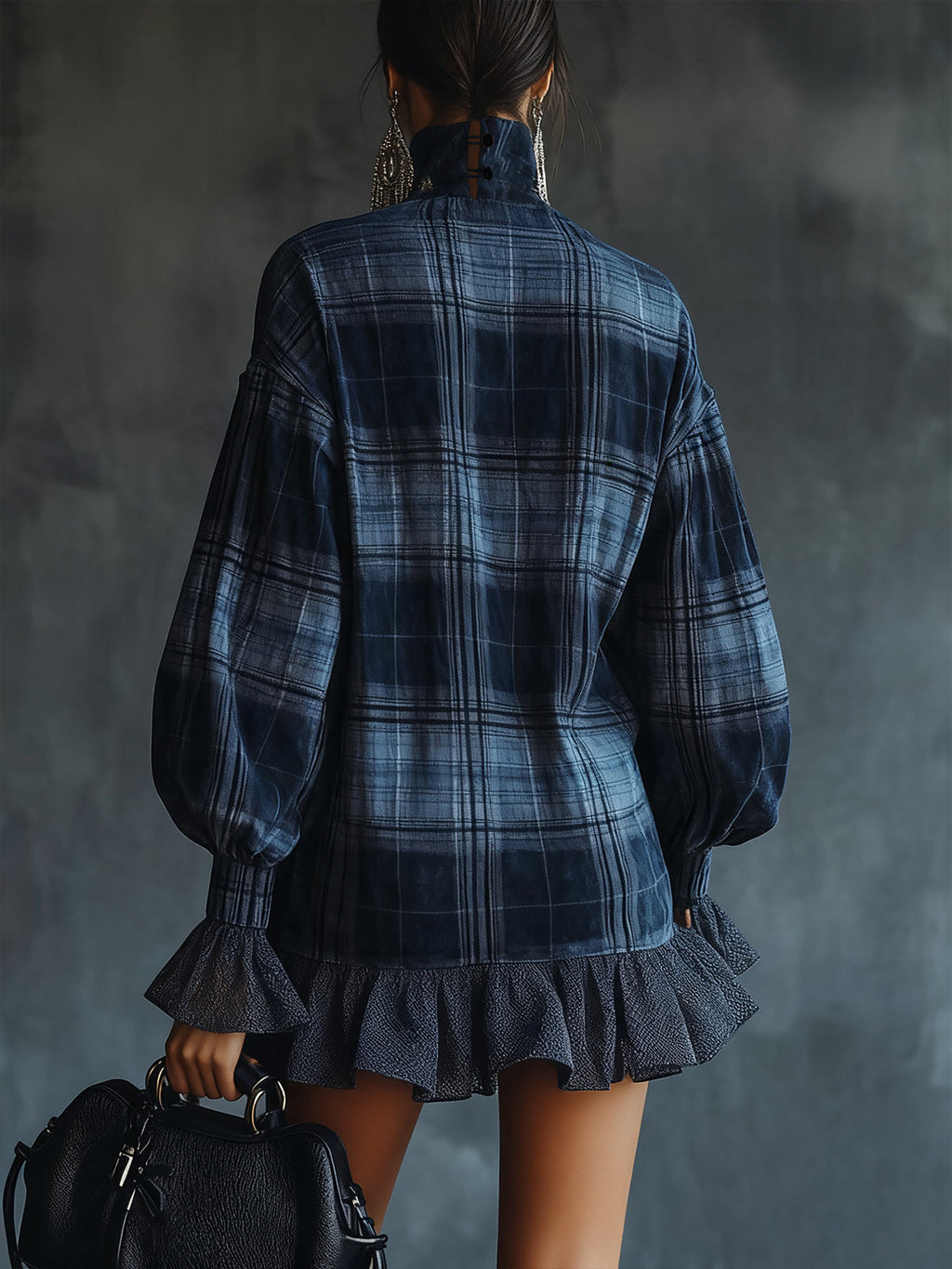 Midnight Check Ruffle Hem Roll Neck Dress