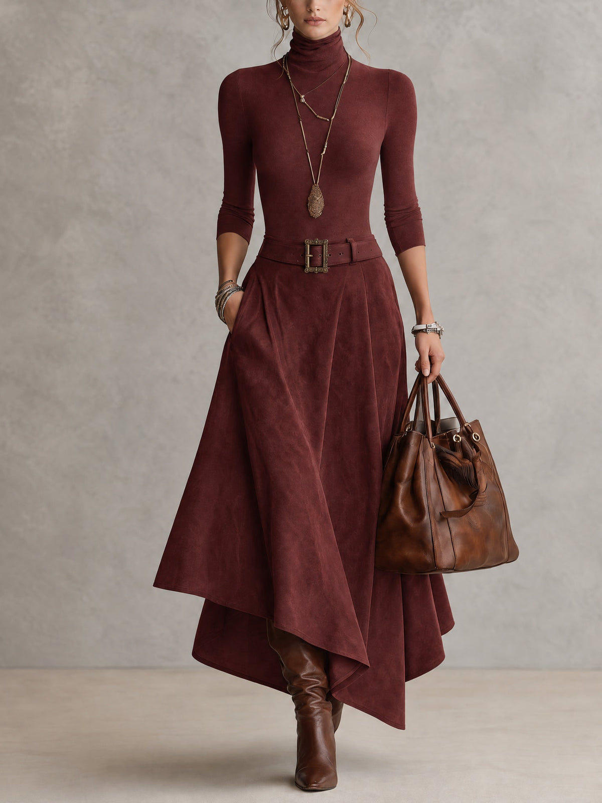 Taupe Stretch Roll Neck Top and Asymmetrical Suede Skirt Set