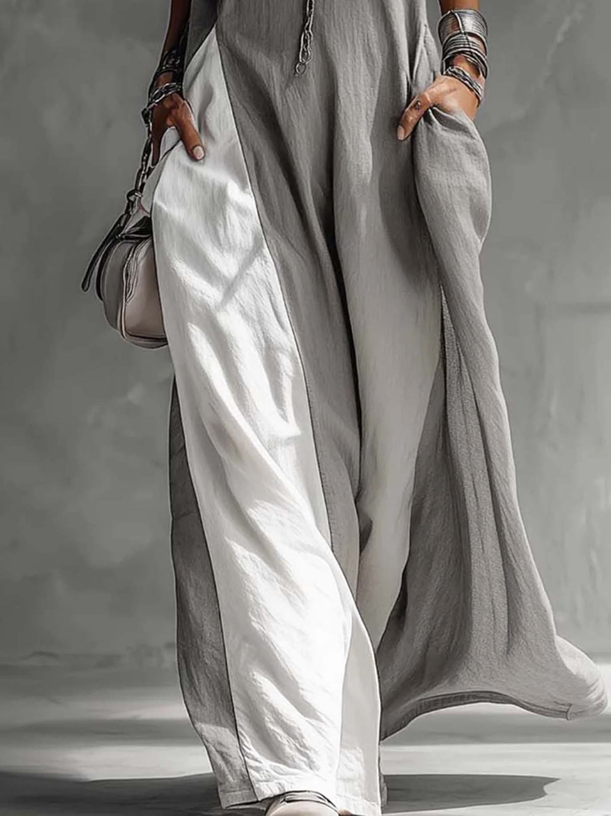 Colour-block Grey Sleeveless Cotton Linen Maxi Dress