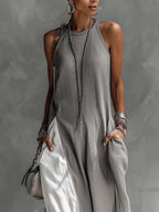 Colour-block Grey Sleeveless Cotton Linen Maxi Dress