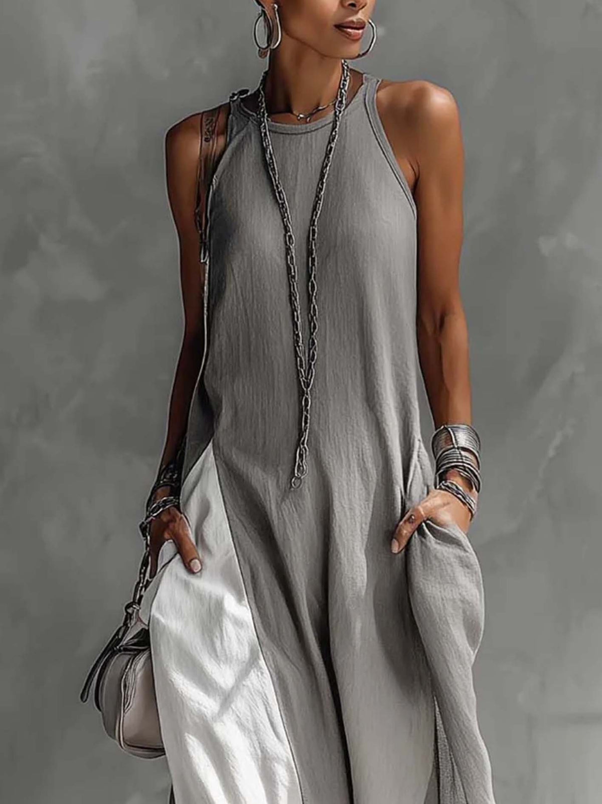 Colour-block Grey Sleeveless Cotton Linen Maxi Dress