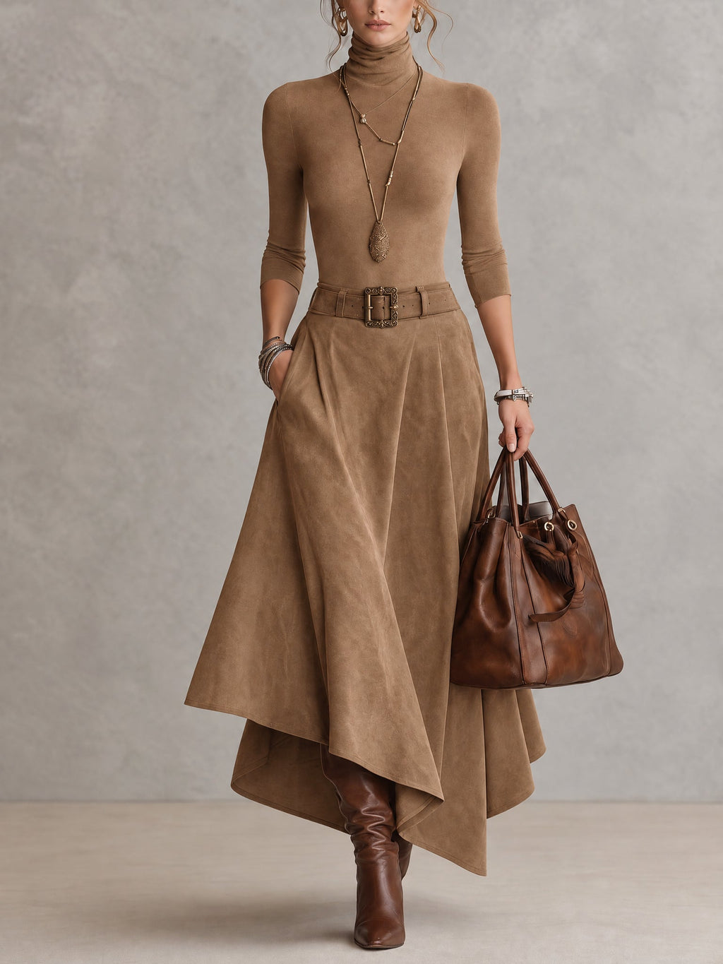 Taupe Stretch Roll Neck Top and Asymmetrical Suede Skirt Set