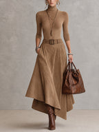 Taupe Stretch Roll Neck Top and Asymmetrical Suede Skirt Set