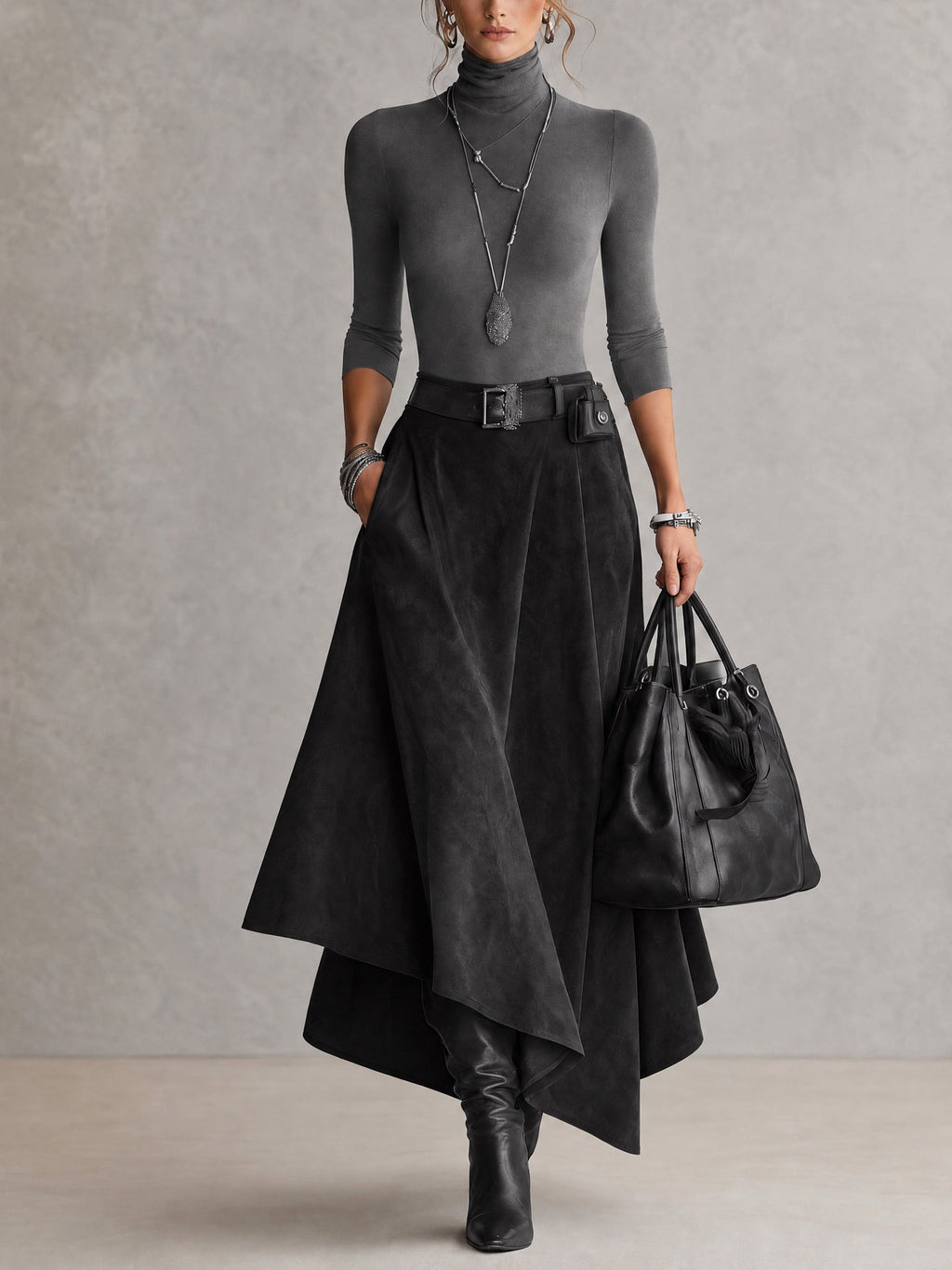 Taupe Stretch Roll Neck Top and Asymmetrical Suede Skirt Set