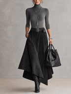 Taupe Stretch Roll Neck Top and Asymmetrical Suede Skirt Set