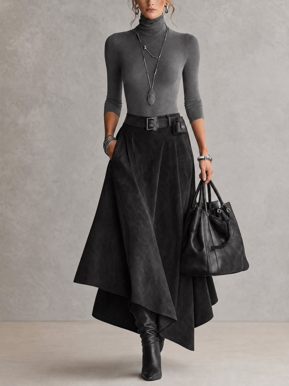 Taupe Stretch Roll Neck Top and Asymmetrical Suede Skirt Set