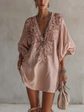 Pink Cotton Linen Mini Dress with Vintage Floral Embroidery