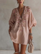 Pink Cotton Linen Mini Dress with Vintage Floral Embroidery
