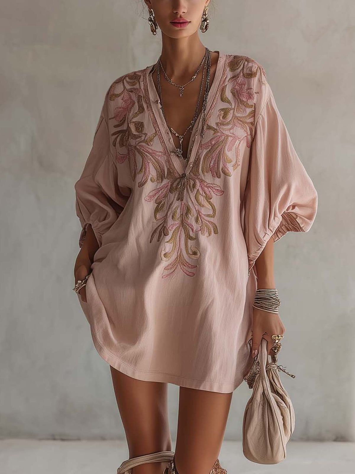 Pink Cotton Linen Mini Dress with Vintage Floral Embroidery