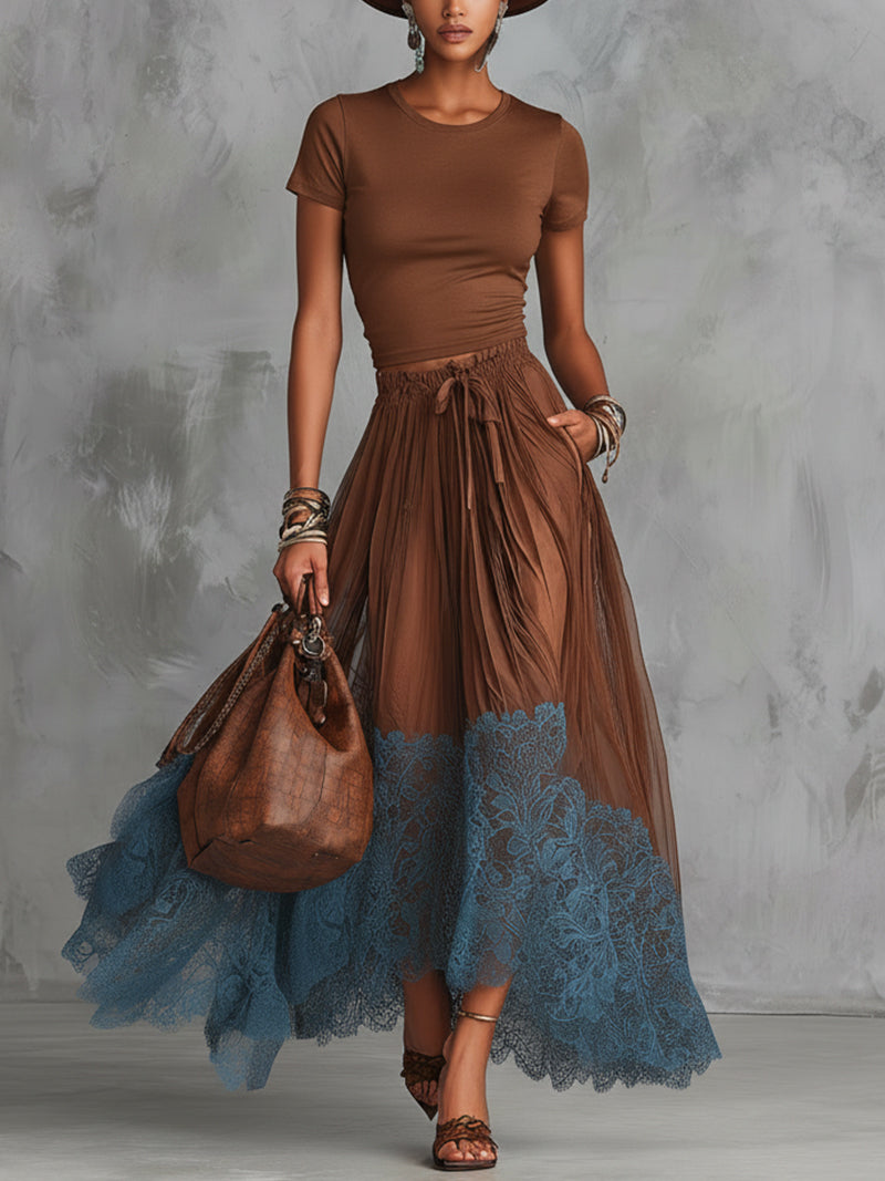 Brown Short Sleeve Shirt and Blue Lace-Trim Tulle Maxi Skirt Set
