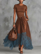 Brown Short Sleeve Shirt and Blue Lace-Trim Tulle Maxi Skirt Set