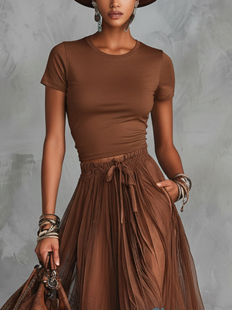 Brown Short Sleeve Shirt and Blue Lace-Trim Tulle Maxi Skirt Set