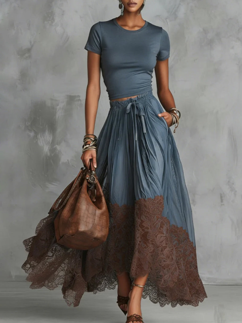 Brown Short Sleeve Shirt and Blue Lace-Trim Tulle Maxi Skirt Set