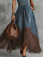 Brown Short Sleeve Shirt and Blue Lace-Trim Tulle Maxi Skirt Set