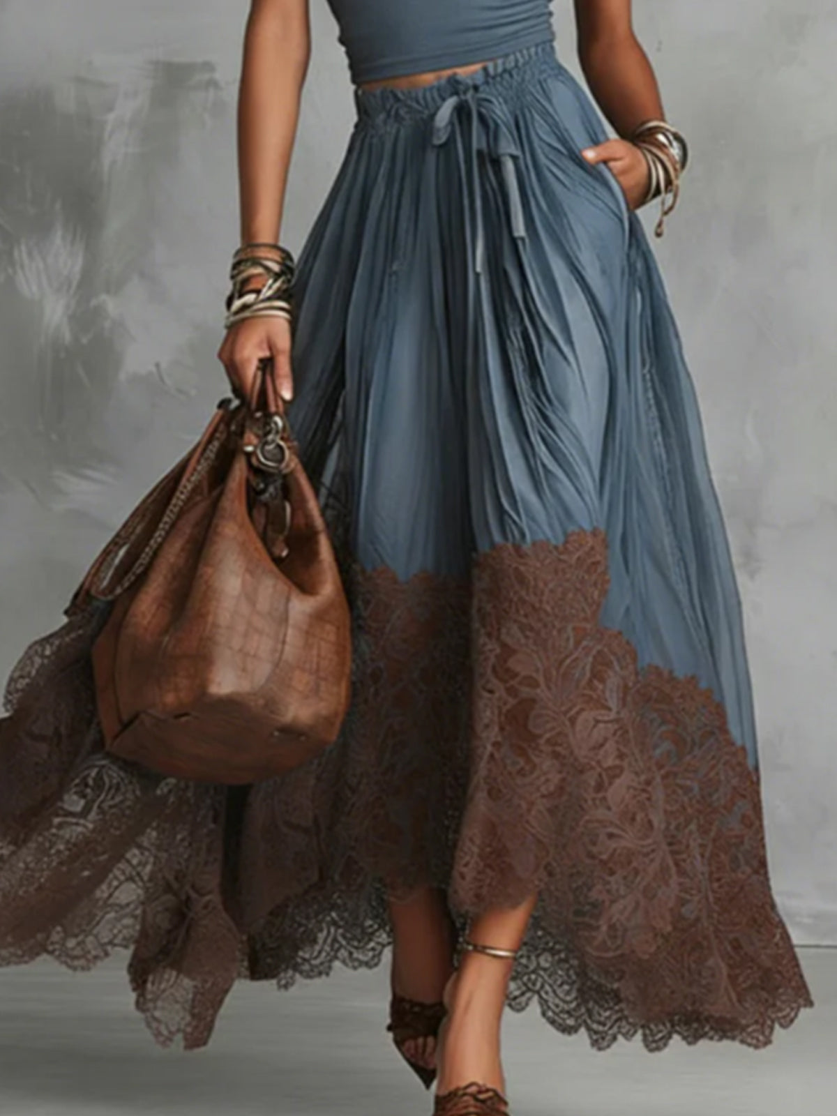 Brown Short Sleeve Shirt and Blue Lace-Trim Tulle Maxi Skirt Set