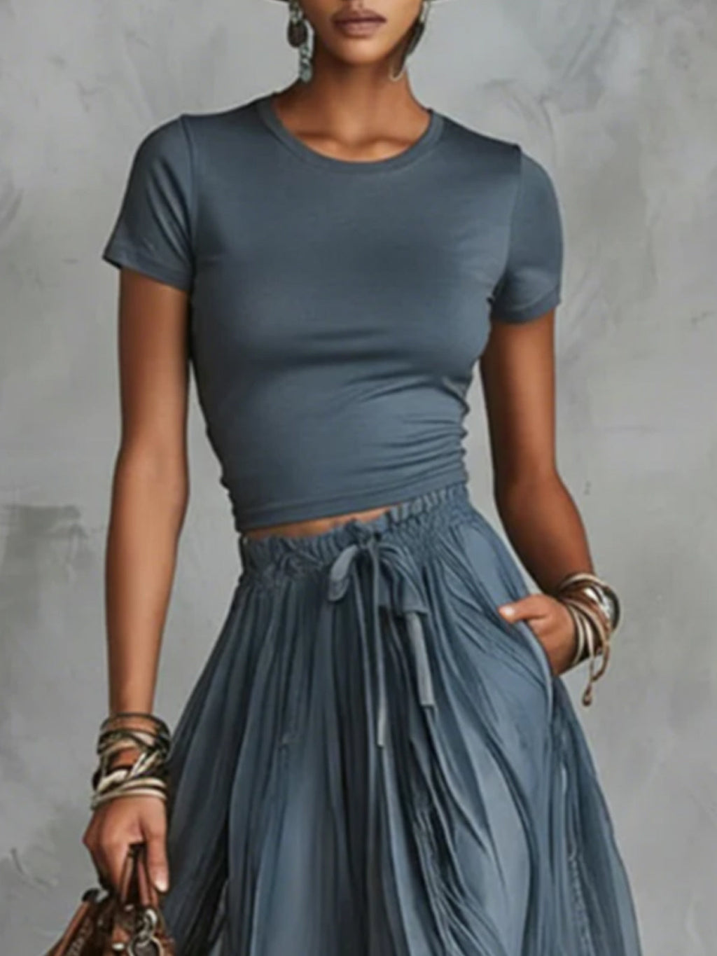 Brown Short Sleeve Shirt and Blue Lace-Trim Tulle Maxi Skirt Set