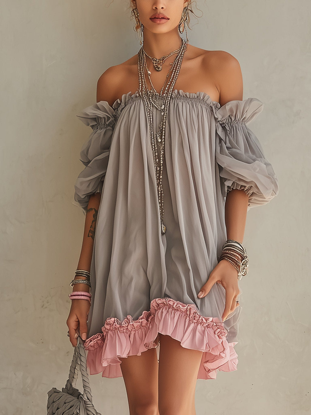 Grey Chiffon Off Shoulder Mini Dress with Pink Hem