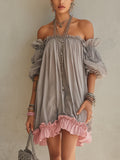 Grey Chiffon Off Shoulder Mini Dress with Pink Hem