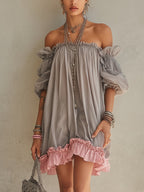Grey Chiffon Off Shoulder Mini Dress with Pink Hem