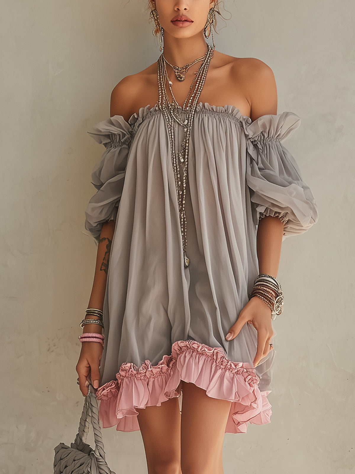 Grey Chiffon Off Shoulder Mini Dress with Pink Hem