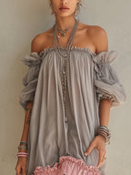 Grey Chiffon Off Shoulder Mini Dress with Pink Hem