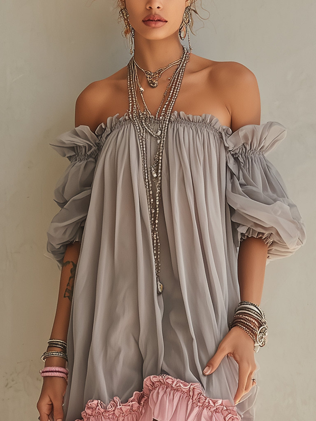 Grey Chiffon Off Shoulder Mini Dress with Pink Hem