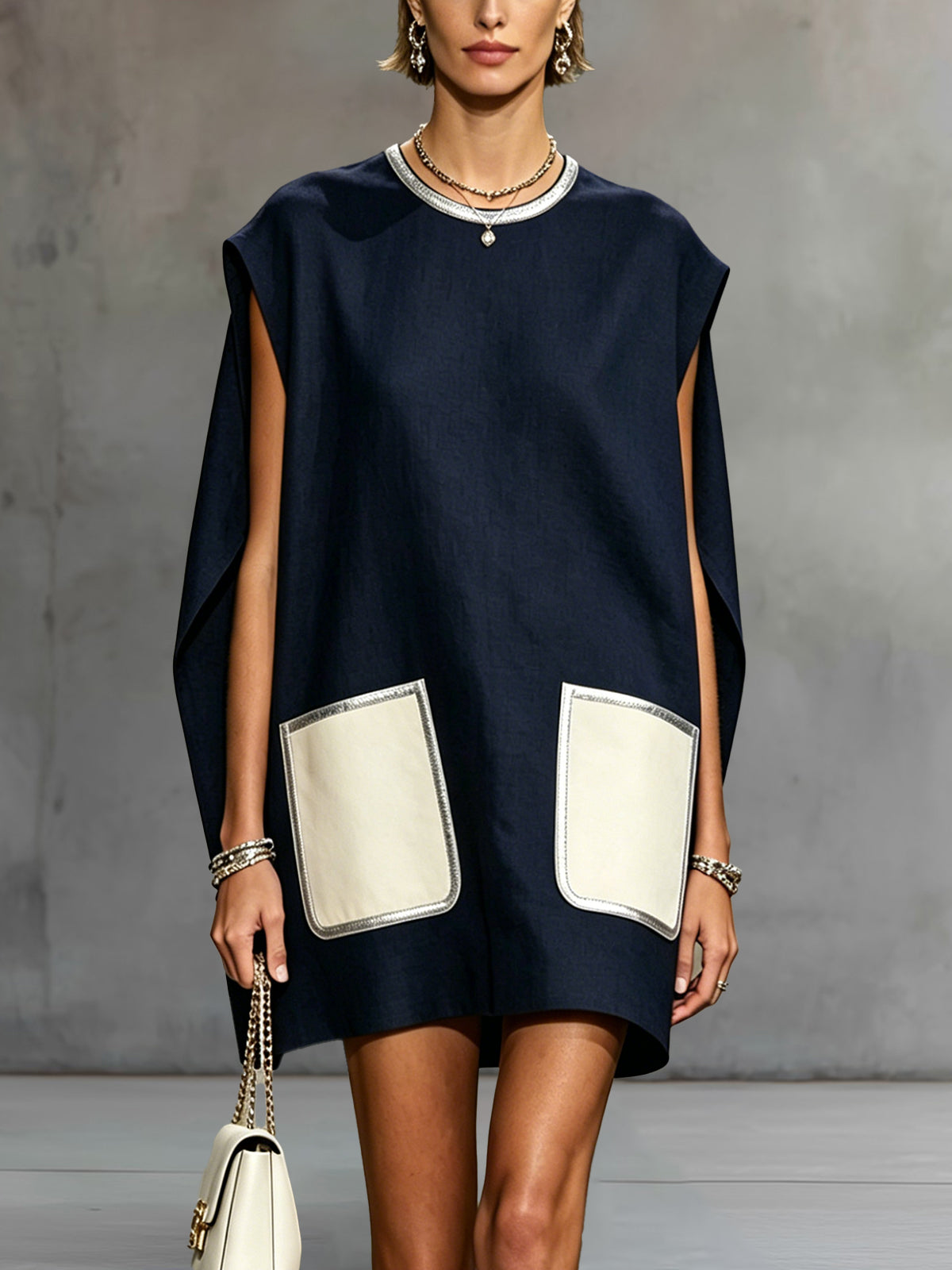 Navy Sleeveless Mini Dress with Contrast Patch Pockets