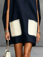 Navy Sleeveless Mini Dress with Contrast Patch Pockets