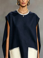 Navy Sleeveless Mini Dress with Contrast Patch Pockets