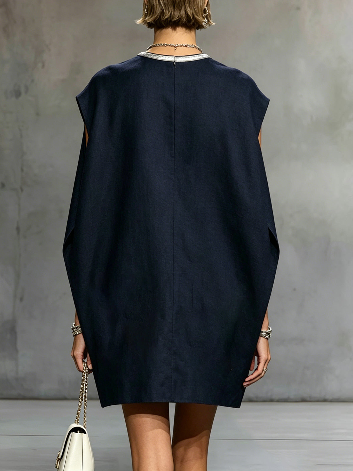 Navy Sleeveless Mini Dress with Contrast Patch Pockets