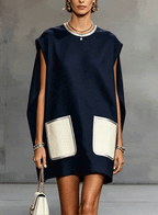 Navy Sleeveless Mini Dress with Contrast Patch Pockets