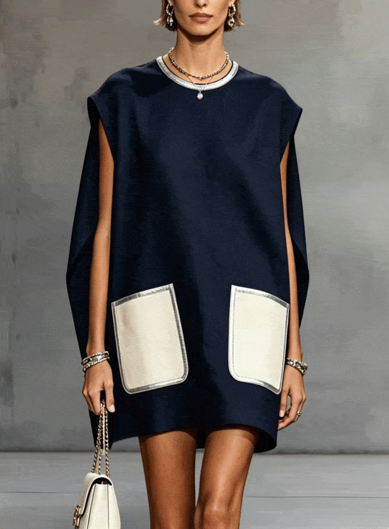Navy Sleeveless Mini Dress with Contrast Patch Pockets